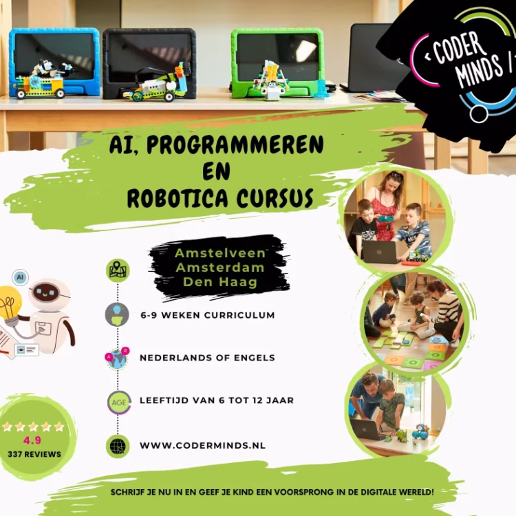 AI, programmeren en robotica cursus voor kinderen van 6 tot 12 jaar in Amstelveen, Amsterdam en Den Haag bij Coder Minds.