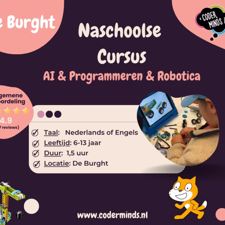 De Burght naschoolse cursus AI, programmeren en robotica voor kinderen van 6-13 jaar, aangeboden door Coder Minds.