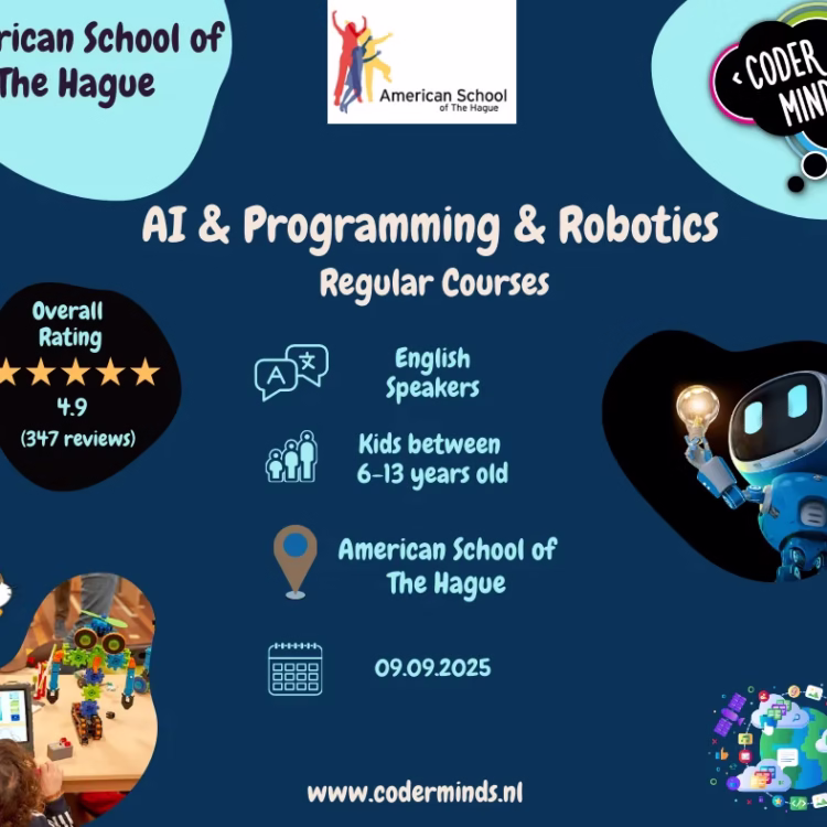 Poster for AI, programming, and robotics courses for kids aged 6–13 at the American School of The Hague.